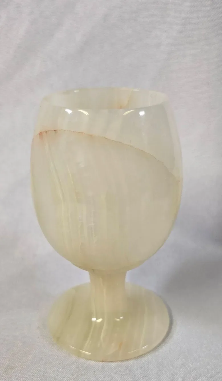 Vintage Hand-Carved Onyx Stone Goblet Chalice | Cream & Brown Marbled Wine Glass